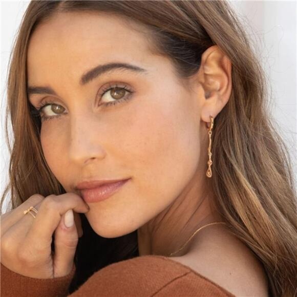 18K Gold Bar Earrings | Minimalist Lava Melt Dangle Leverback Hoops - Picture 4 of 5